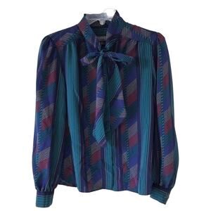 Vintage Button Down Stripe Dress Shirt Bow Neck  70 80s Sterling Cooper Blue